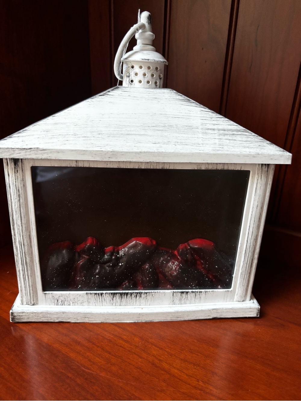 A Cheerful Giver Flameless White Fireplace Lantern distressed white finish .